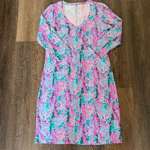 Lilly Pulitzer Tessa Dress Size XS Seaweed Samba Pink Teal V-Neck Cotton